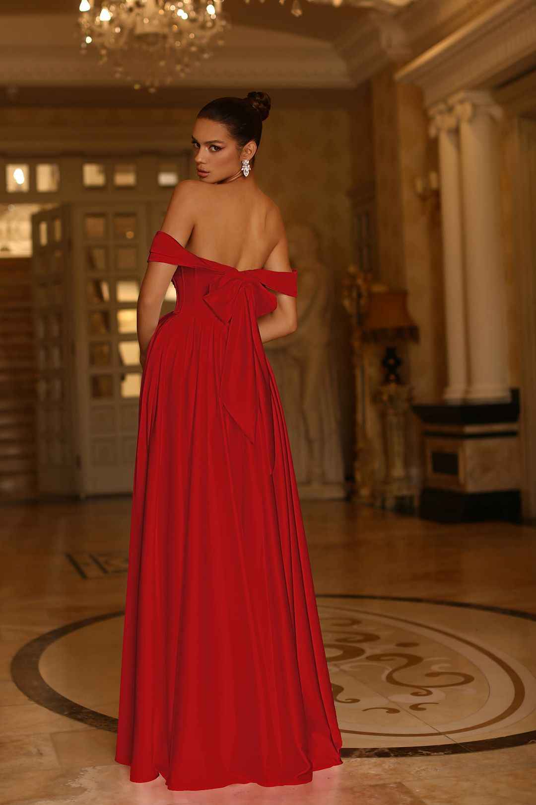 Off the Shoulder Satin Gown With A Line  And Side Pockets Prom Dress