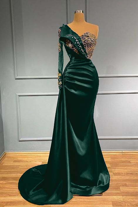 Dark Blue Long Sleeve One Shoulder Pleated Mermaid Prom Dress With Beadings BMBRIDE