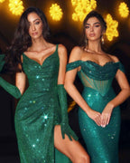 Sequins Dark Green Off the Shoulder Long Mermaid Prom Dress Gown