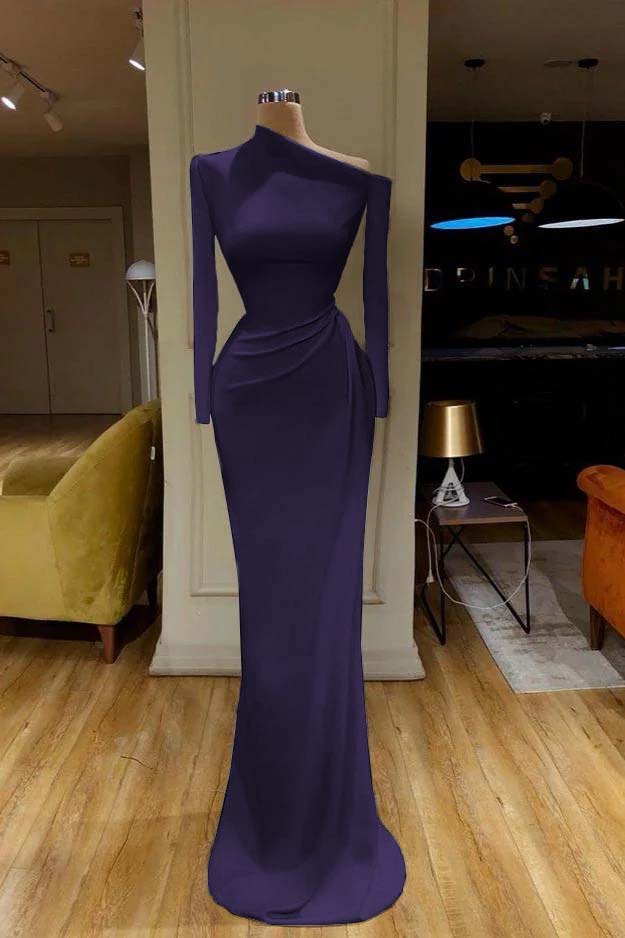 Charming White One Shoulder Mermaid Long Sleeves Prom Dress With Pleated BMBRIDE