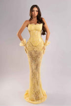 Strapless Sleeveless Long Mermaid Prom Dress With Lace Embroidery Gloves