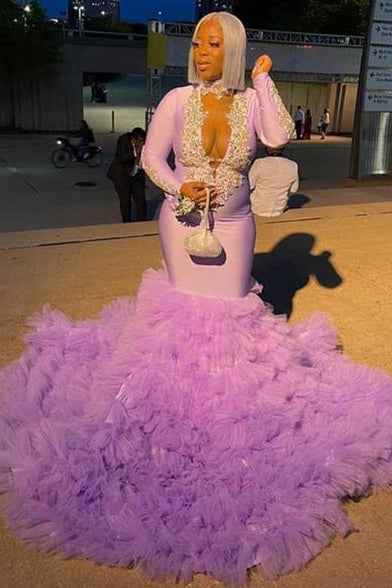 V Neck Long Sleeves Mermaid Long Prom Dress Tulle Trumpet With Appliques