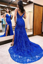 Elegant Long Mermaid Royal Blue V-neck Sleeveless Lace Prom Dress With Slit BM bride