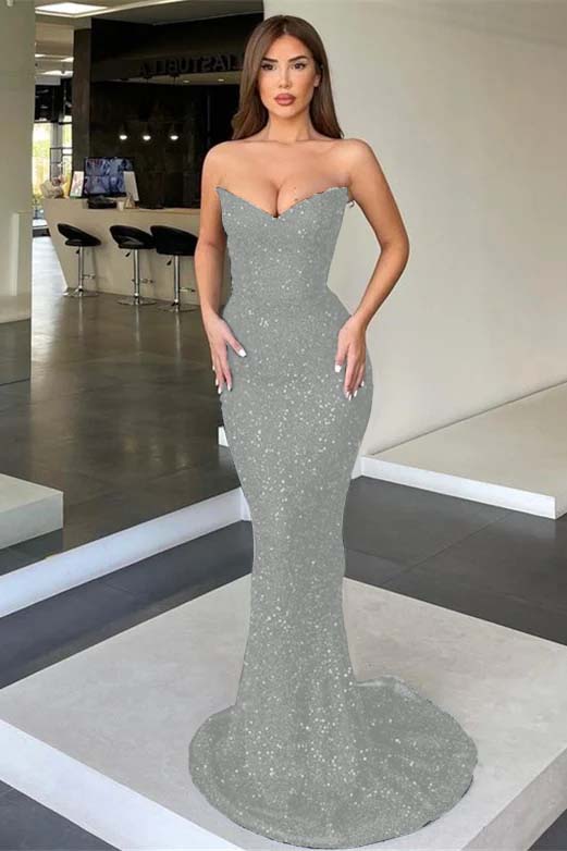 Black Strapless Sleeveless Long Mermaid Prom Dress With Sequins BMBRIDE