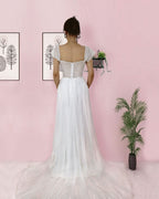 Elegant Long White Spaghetti-Strap Sleeveless Tulle Prom Dress BM bride