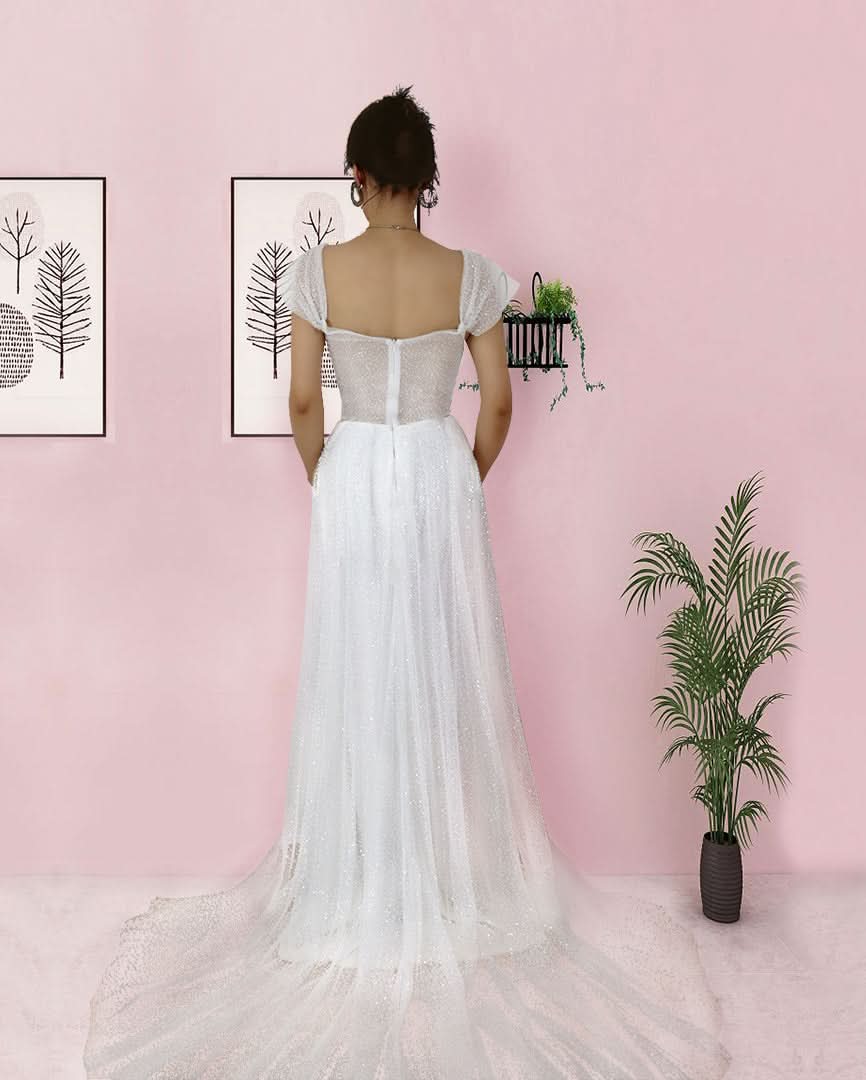Elegant Long White Spaghetti-Strap Sleeveless Tulle Prom Dress BM bride