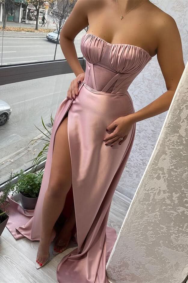 Stunning Pink Strapless Mermaid Prom Dress with Pleats, Ruffles, and Slit BM bride