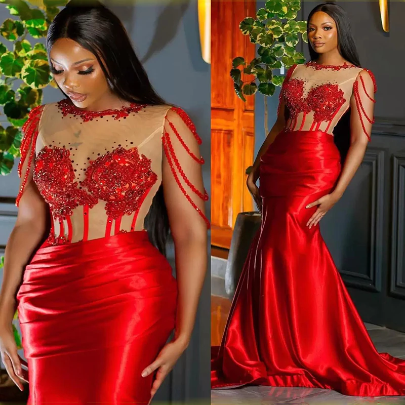 Amazing Red Crew Neck Sleeveless Mermaid Prom Dress Trumpet With Beadings