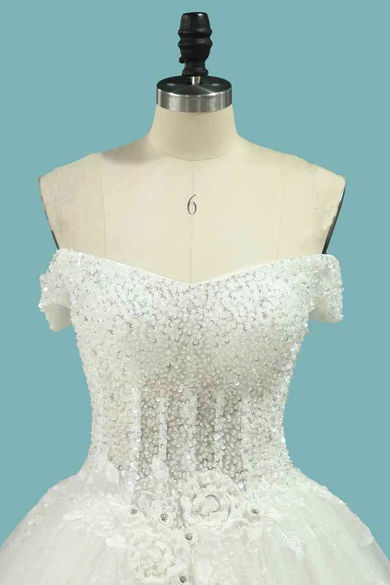 Off-the-Shoulder A-Line Wedding Dress with Lace Appliques and Sequins on Tulle BM bride