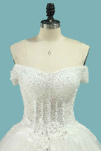 Off-the-Shoulder A-Line Wedding Dress with Lace Appliques and Sequins on Tulle BM bride