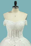 Off-the-Shoulder A-Line Wedding Dress with Lace Appliques and Sequins on Tulle BM bride