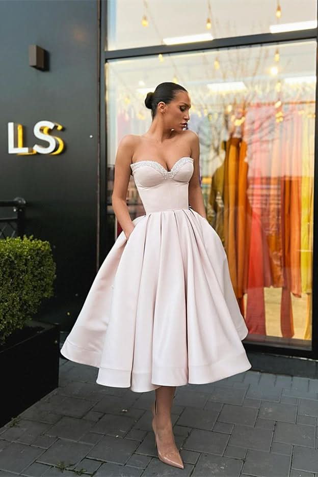 Sweetheart Sleeveless Evening Dress Short with Beading and Pockets BM bride