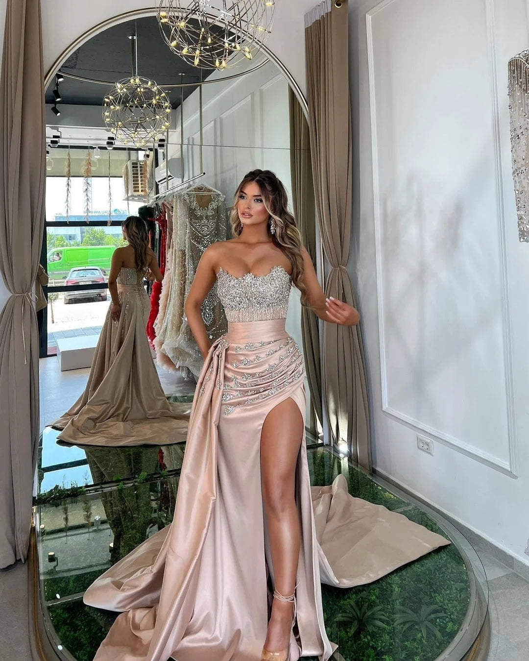 Lotus Root Pink Beads Prom Dress Sleeveless With Front Slit Trail