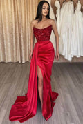 Red Strapless Elegant Sleeveless Long Sequins Prom Dress Mermaid Side Split BMBRIDE