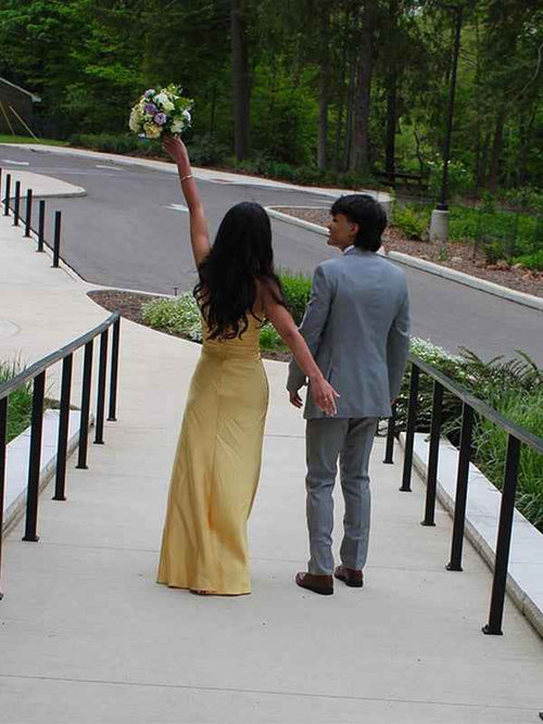 Yellow Strapless Knot Front Satin Fitted Long Prom Party Dress BMBRIDE