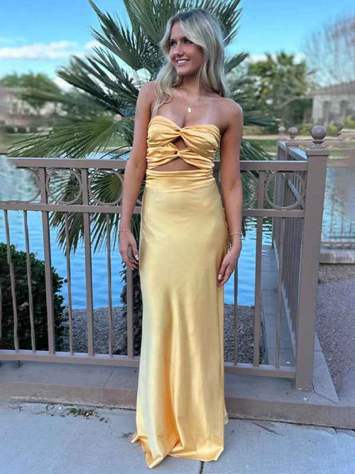 Yellow Strapless Knot Front Satin Fitted Long Prom Party Dress BMBRIDE