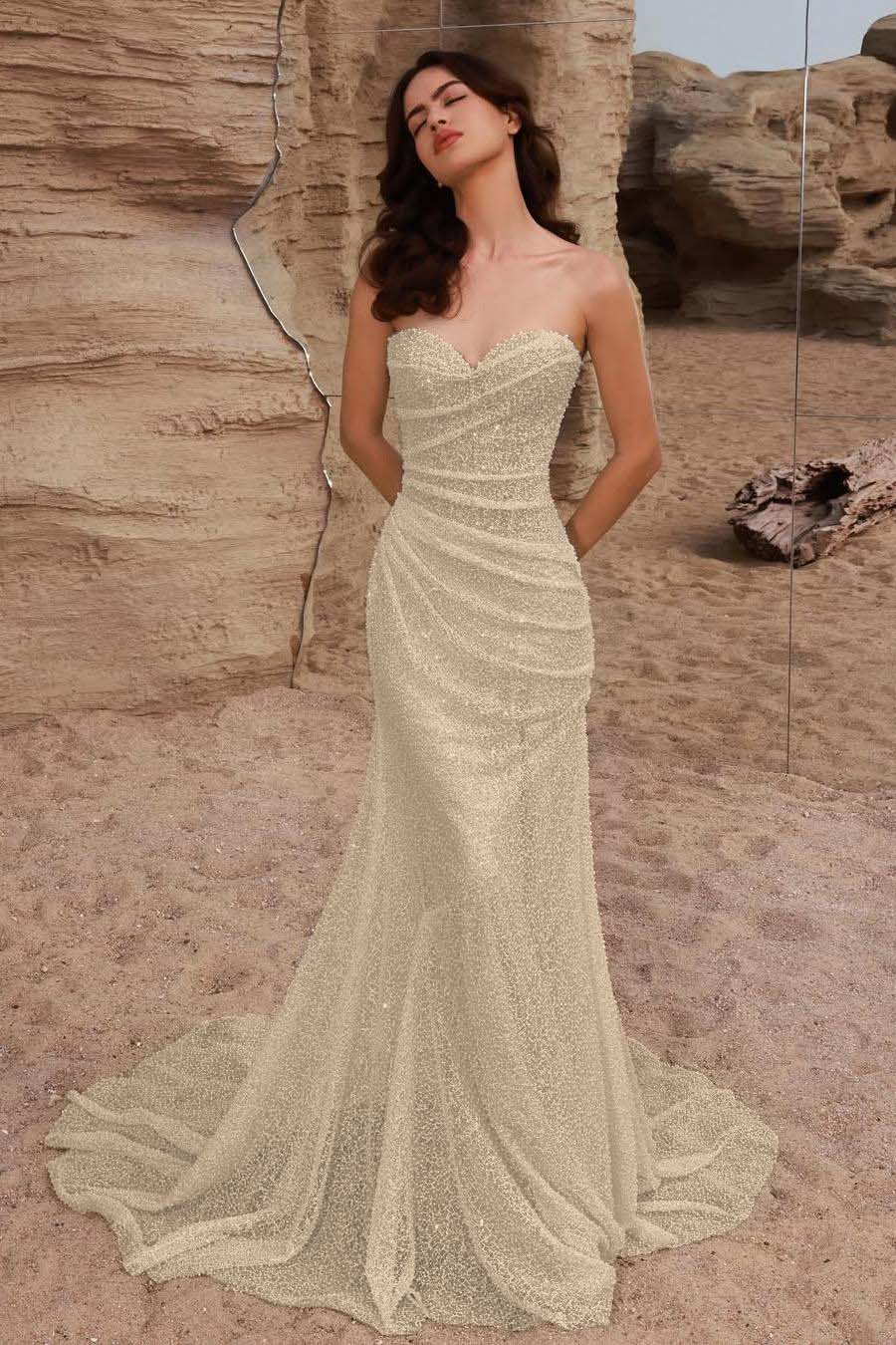 Strapless Sleeveless Long Mermaid Prom Dress With Pleated Sequins BMBRIDE