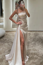 Royal Blue Spaghetti Strap Prom Dress with Slimming Pleated Split Mermaid Design BM bride