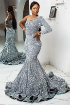 One Shoulder Long Sleeve Long Mermaid Prom Dress With Sequin