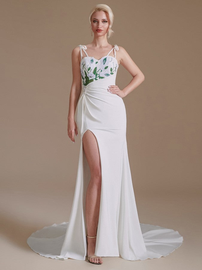 Gorgeous Satin Spaghetti Strap Open Back Long Mermaid Wedding Dress with Slit BM bride