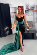 Charming Green Evening Dress Prom Dress Off-the-Shoulder with Belt Sequins BM bride