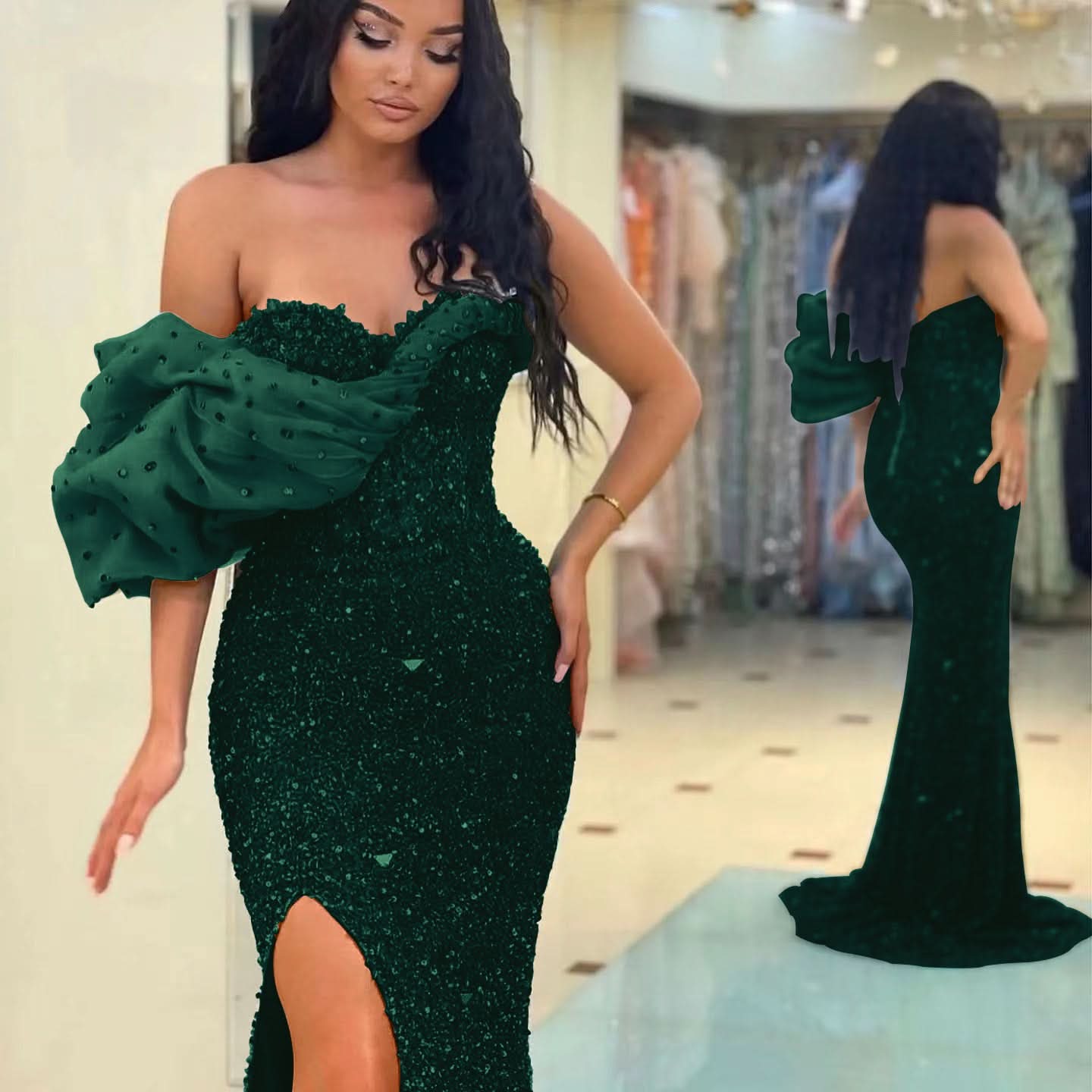 Gorgeous Off-The-Shoulder One Shoulder Sweetheart Mermaid Evening Dress with Sequins BM bride