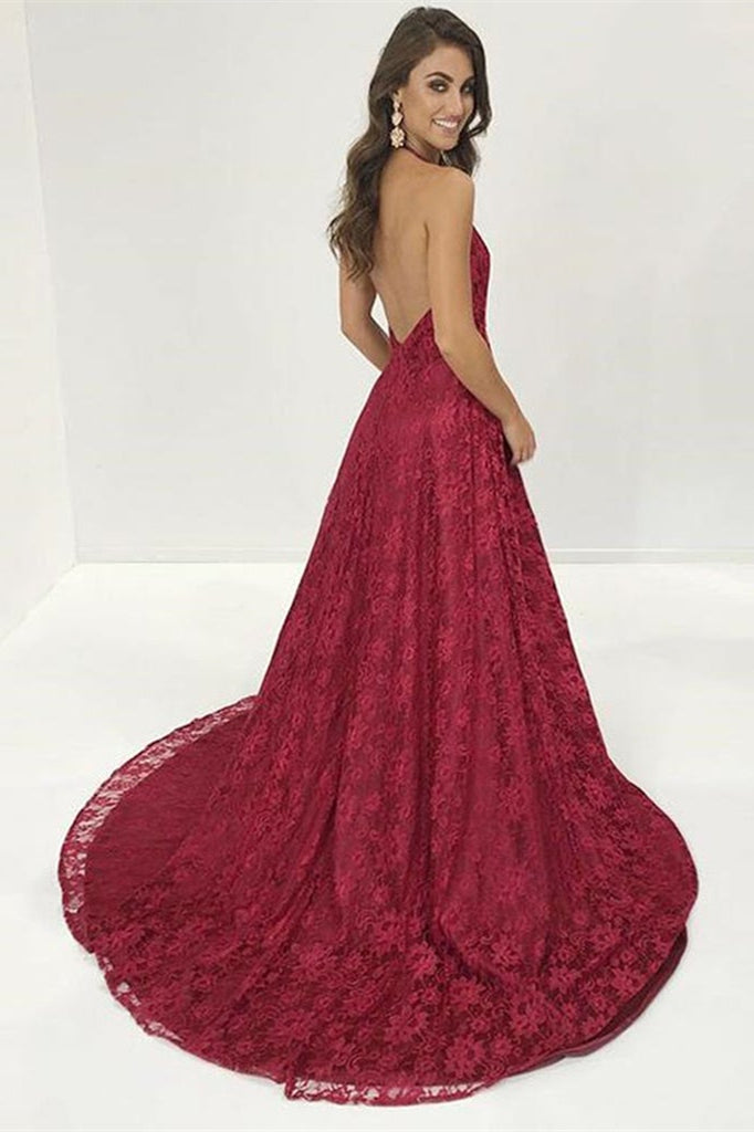 Burgundy Modern Halter Deep V Neck Backless Long Lace Prom Dress With Split BMBRIDE