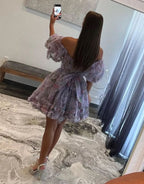 Whimsical A-Line Off-the-Shoulder Printed Homecoming Dress BM bride