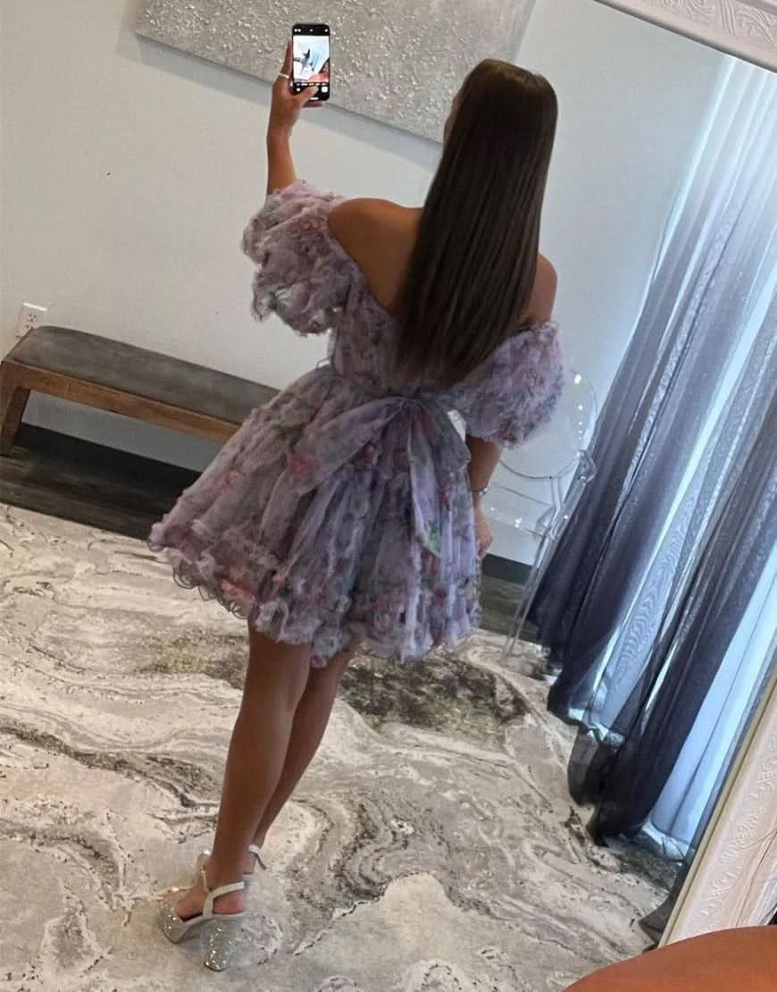 Whimsical A-Line Off-the-Shoulder Printed Homecoming Dress BM bride