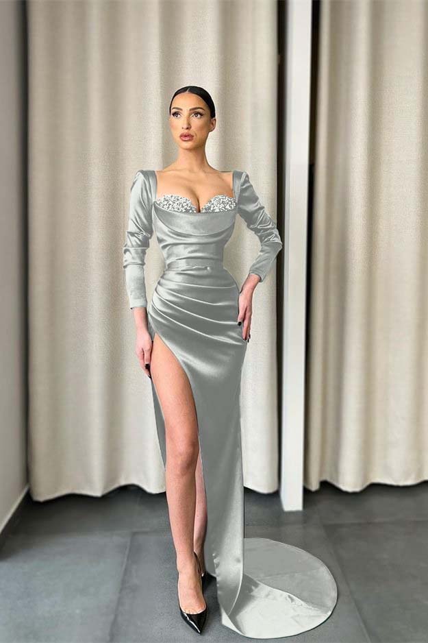 Long Sleeves Dark Green Sweetheart Split Prom Dress With Sequins BMBRIDE
