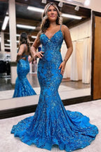 Blue Sequined Appliqued Sleeveless Spaghetti-Straps Mermaid Prom Dress BM bride
