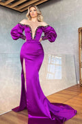 Purple Off-the-Shoulder V-Neck Beaded Long Sleeve Mermaid Prom Dress with Front Split BM bride