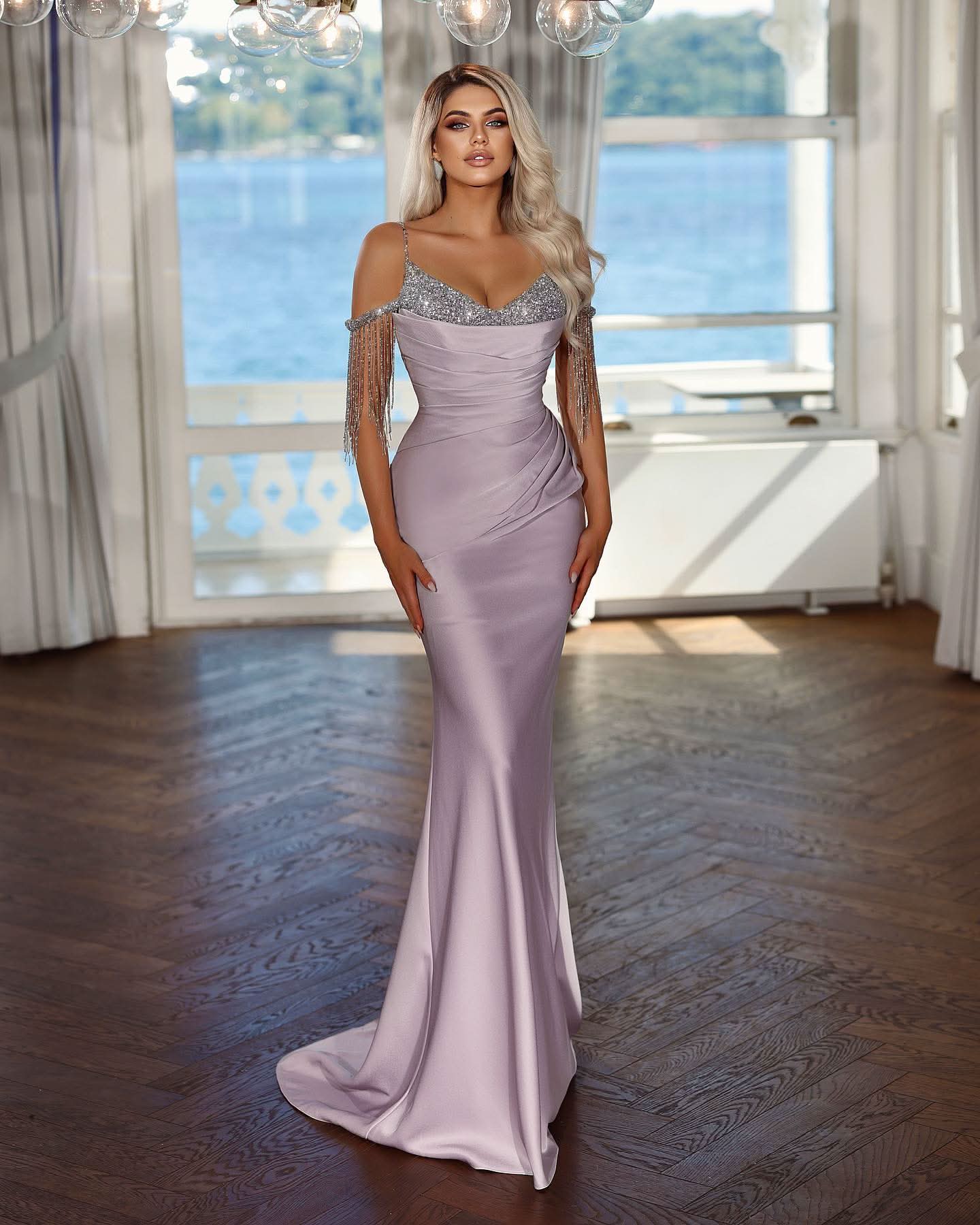 Elegant Lavender Long Evening Dress with Spaghetti Straps and Sequins Tassel BM bride