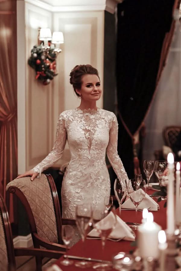 Unique Long Sleeve High Neck Backless Mermaid Wedding Dress with Lace Appliques BM bride