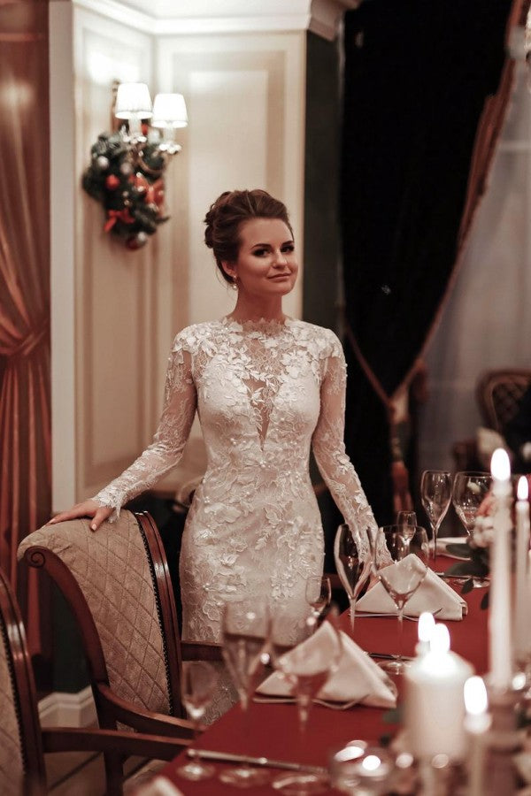 Unique Long Sleeve High Neck Backless Mermaid Wedding Dress with Lace Appliques BM bride