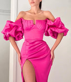 Fuchsia Strapless Off-the-Shoulder Puff Sleeve Mermaid Evening Dress with Split BM bride