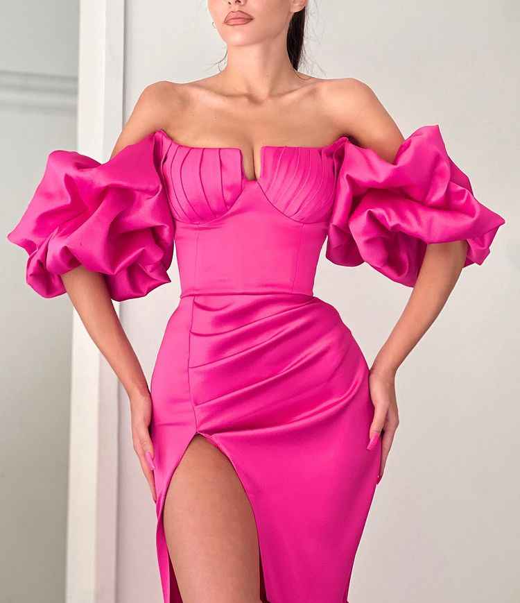 Fuchsia Strapless Off the Shoulder Mermaid Puff Sleeves Prom Dress With Split