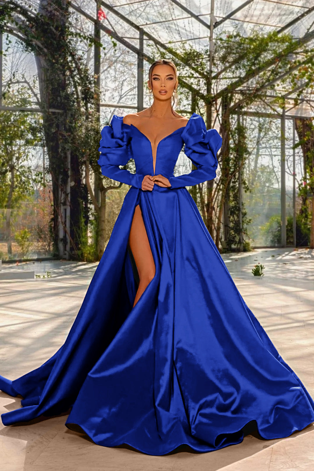 Sexy Prom Dress Red V Neck Bubble Long Sleeves With High Split BMBRIDE