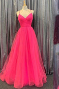 Simple V Neck A Line Spaghetti Strap Pleated Prom Dress Tulle With Open Back