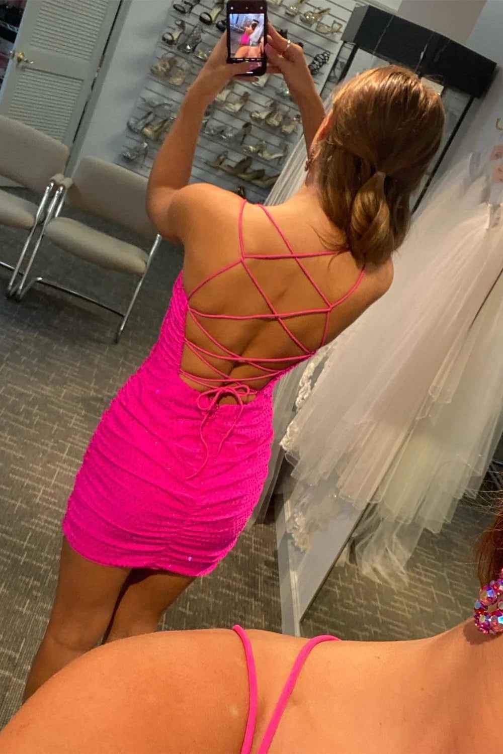 Sparkly Navy Sequined Lace-Up Back Tight Homecoming Dress Bmbride