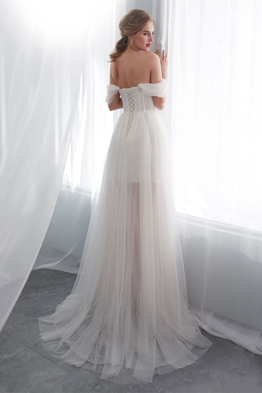 Long Off-the-Shoulder Tulle Wedding Dress BM bride
