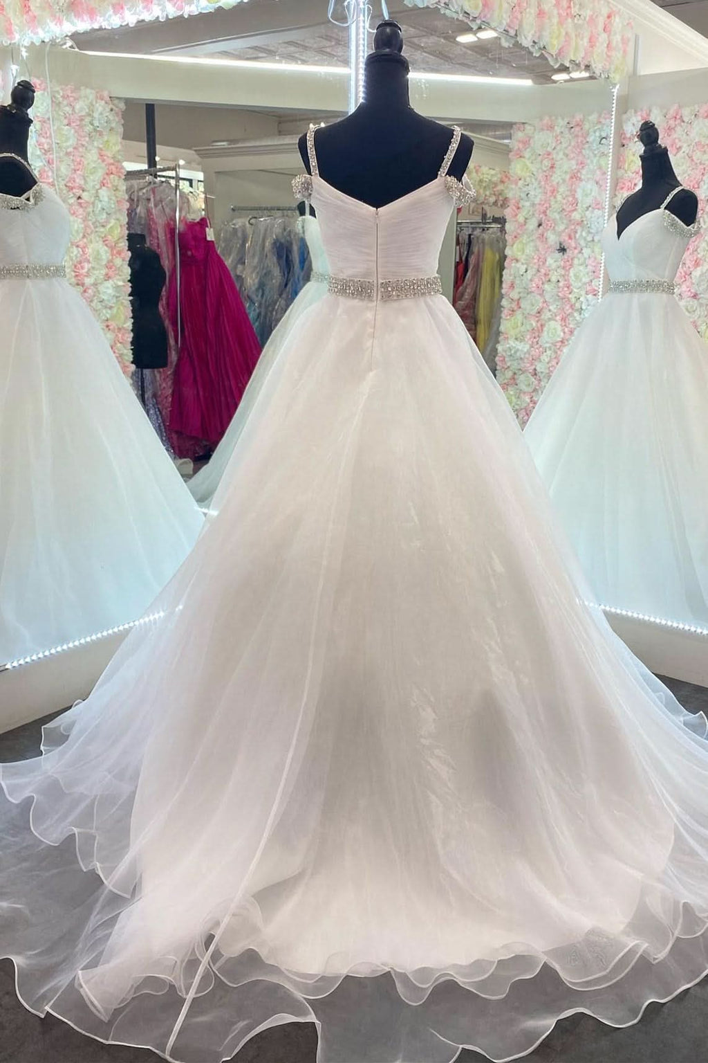 Bright Hot Pink Beaded Cold-Shoulder A-Line Prom Dress BM bride