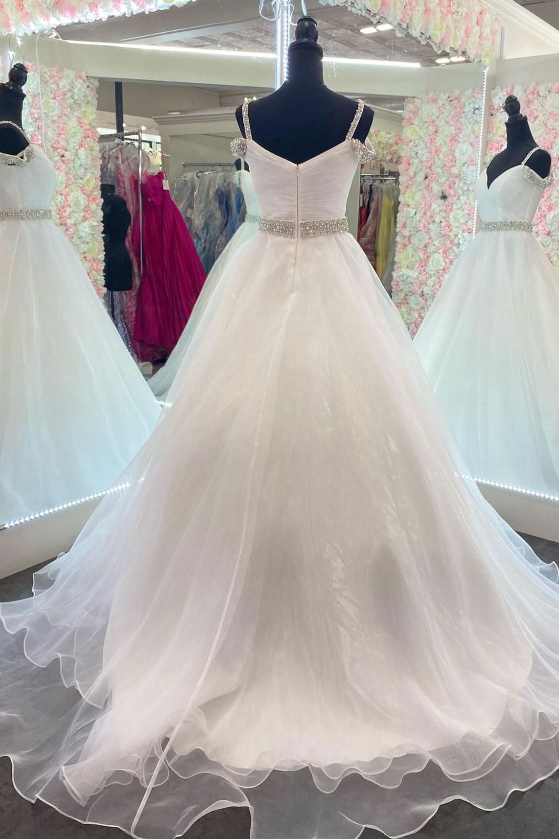 Bright Hot Pink Beaded Cold-Shoulder A-Line Prom Dress BM bride