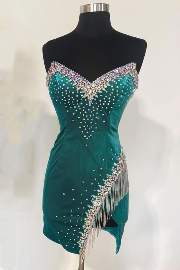 Chic Black Velvet Strapless Beaded Short Cocktail Dress with Tassels BM bride