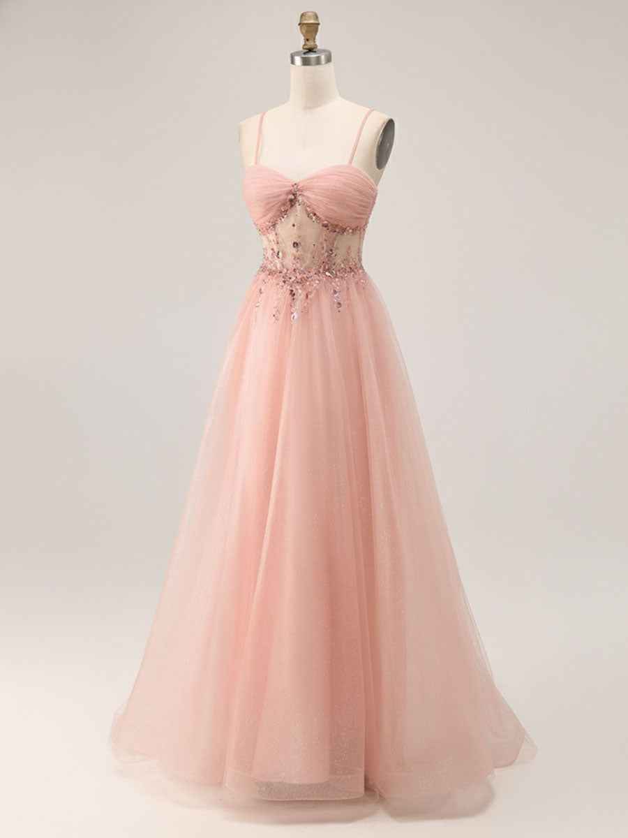 Light Pink Glitter Beaded Tulle Corset Long Porm Dress