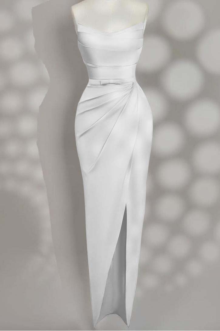 Strapless Sleeveless Long Split Prom Dress With Pleated Bowknot BMBRIDE