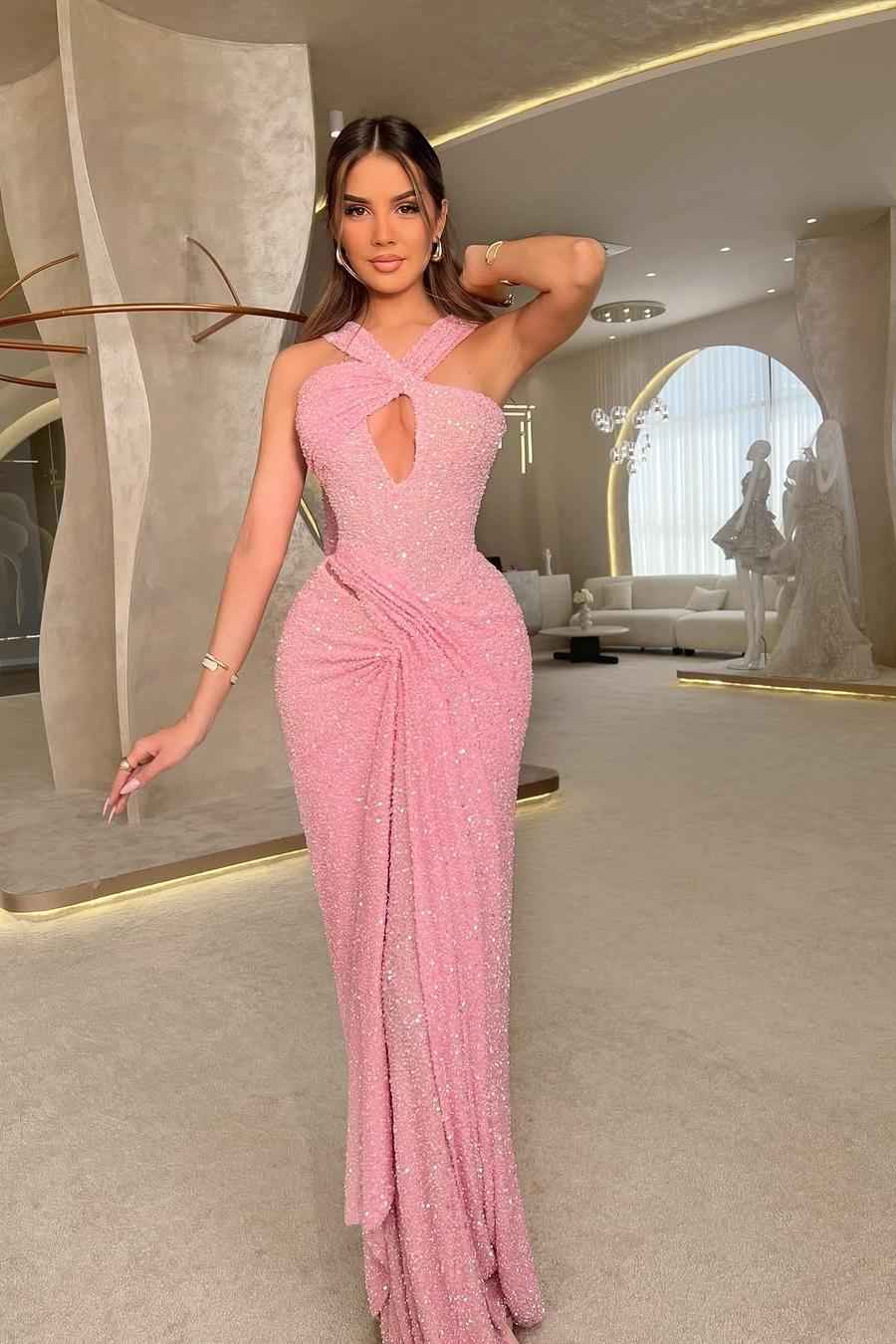 Halter Sequins Sleeveless Mermaid Long Prom Dress With Pleated