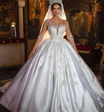 Gorgeous Long Princess Sweetheart Satin Wedding Dress with Sleeves BM bride
