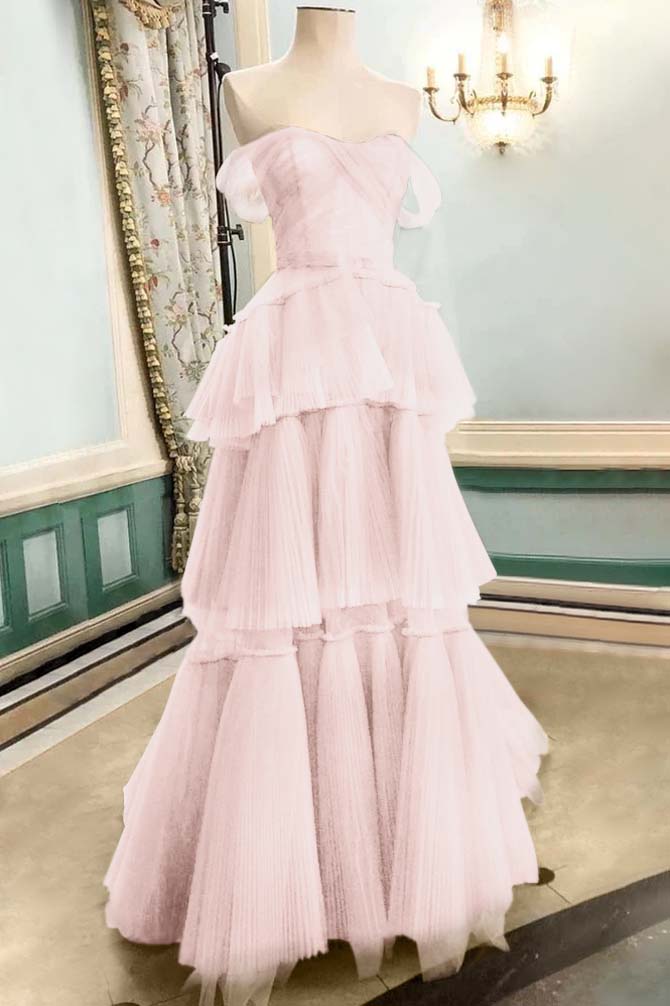 Strapless Off the Shoulder Sleeveless Long Prom Dress With Tulle BMBRIDE