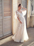 Affordable V-Neck Half Sleeve Lace Beach Wedding Gown BMbride